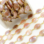 Load image into Gallery viewer, Coated Peach Moonstone Organic Shape Bezel Gold Plated Silver Wire Chain. CMS31
