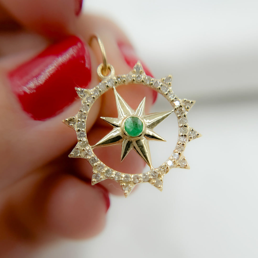 14k Solid Gold Diamond and Emerald Star Charm. GDP636