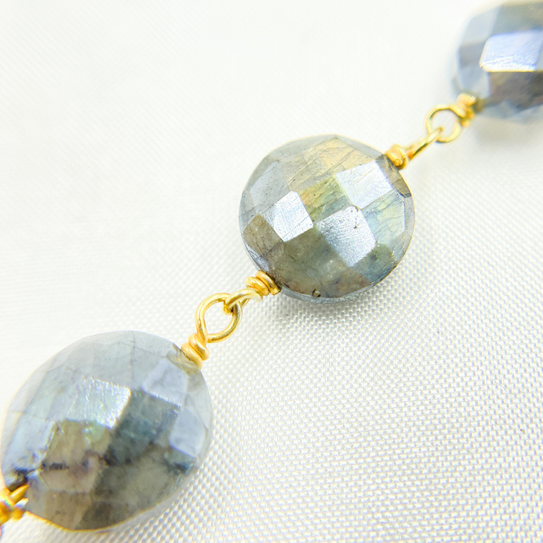 Coated Labradorite Coin Shape Gold Plated Wire Chain. CLB37