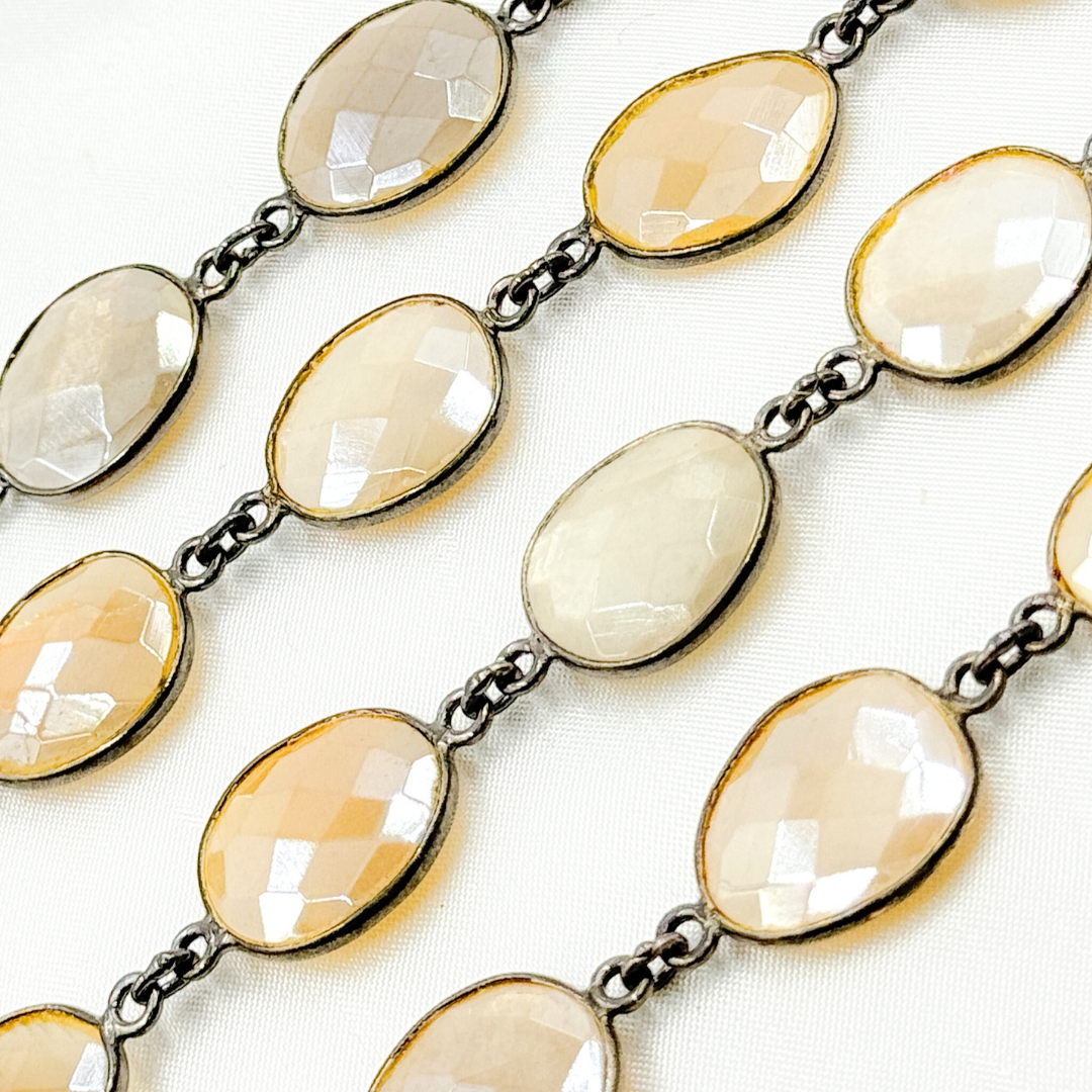 Coated White Moonstone Shape Bezel Oxidized Wire Chain. CMS97