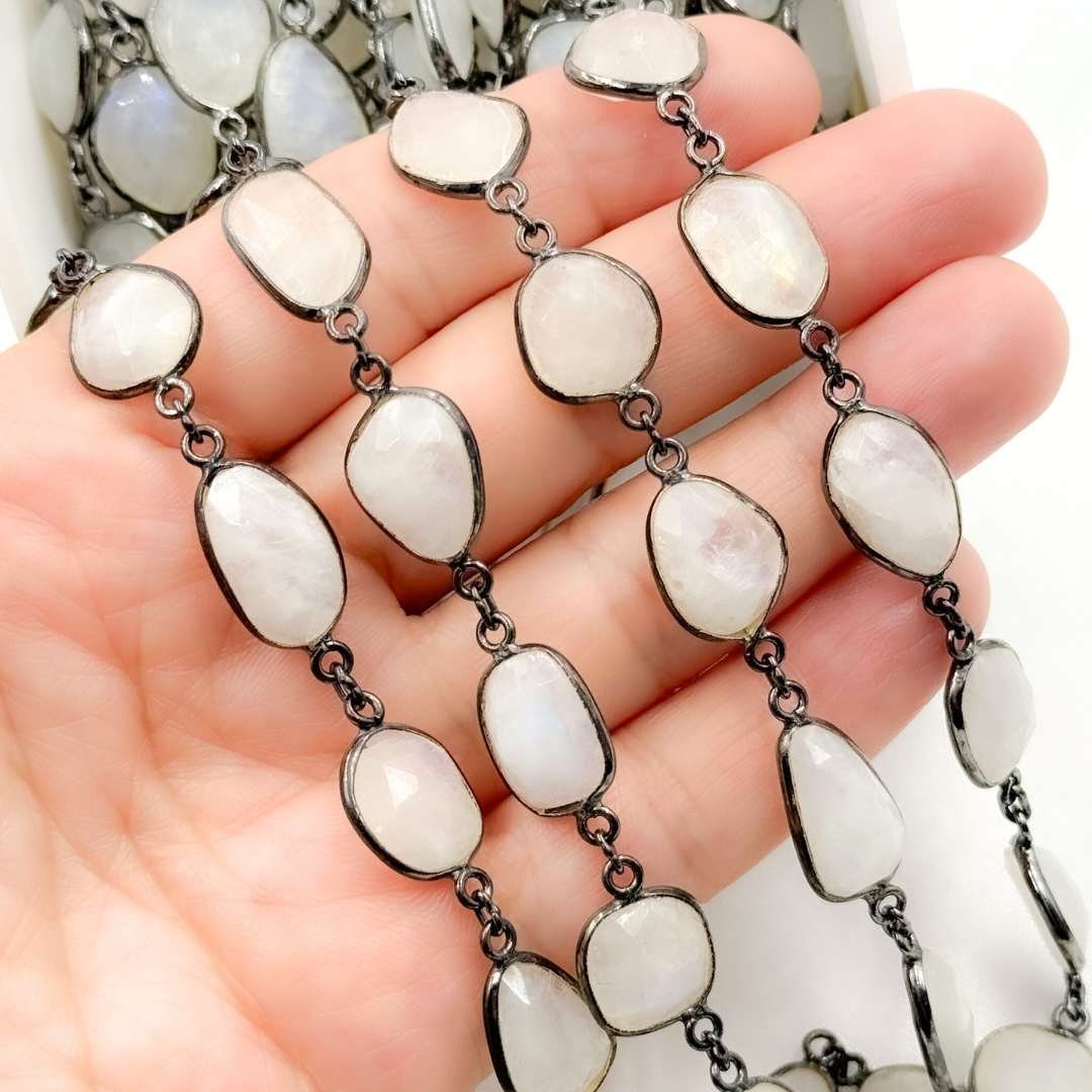 White Moonstone Organic Shape Bezel Oxidized Wire Chain. WMS35