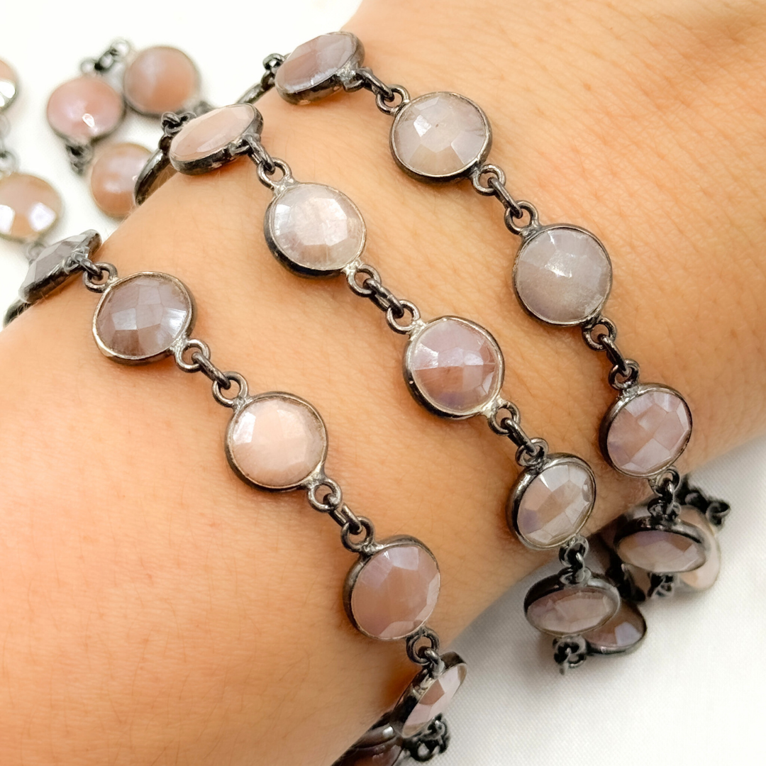 Coated Peach Moonstone Round Shape Bezel Oxidized Wire Chain. CMS110