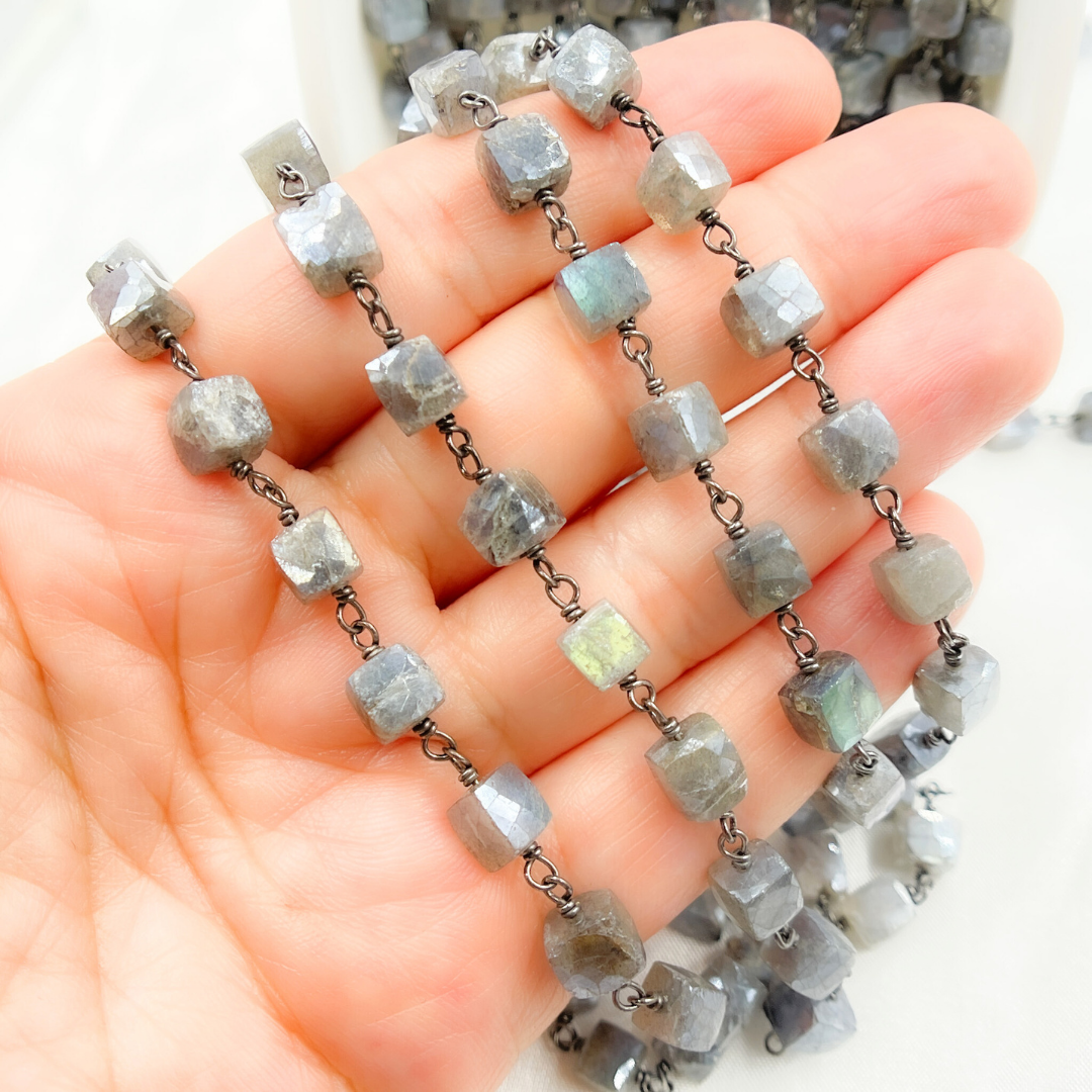 Coated Labradorite Cube Shape Oxidized Wire Chain. CLB50