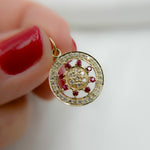 Load image into Gallery viewer, 14K Solid Gold Circle Pendant with Diamonds &amp; Ruby or Blue Sapphire Stone. GDP362
