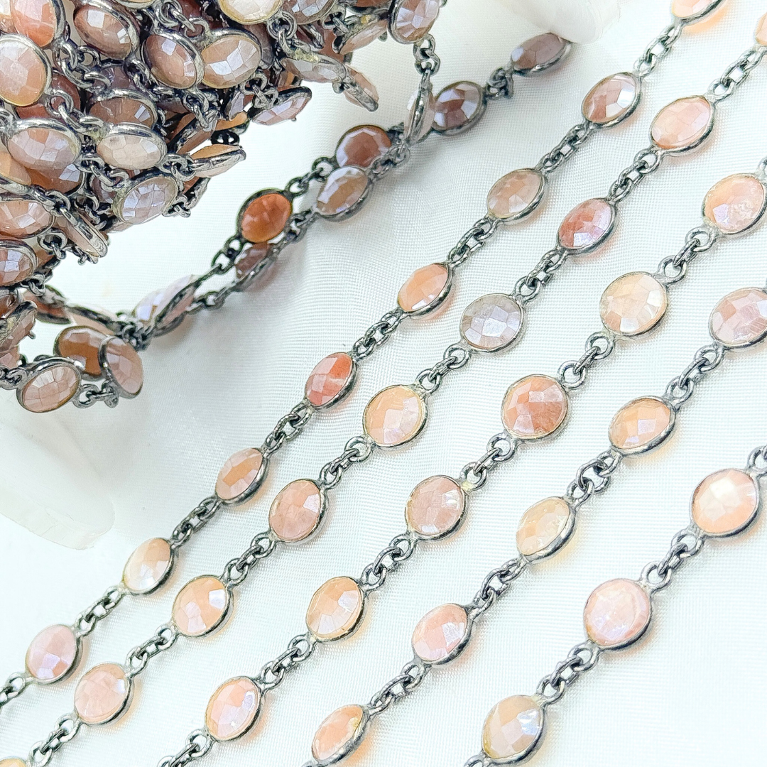 Coated Peach Moonstone Round Shape Bezel Oxidized Wire Chain. CMS17