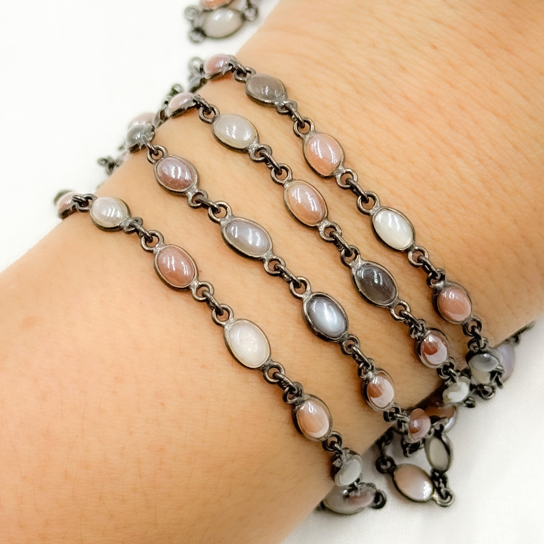 Coated Multi Moonstone Oval Shape Bezel Oxidized Wire Chain. CMS106