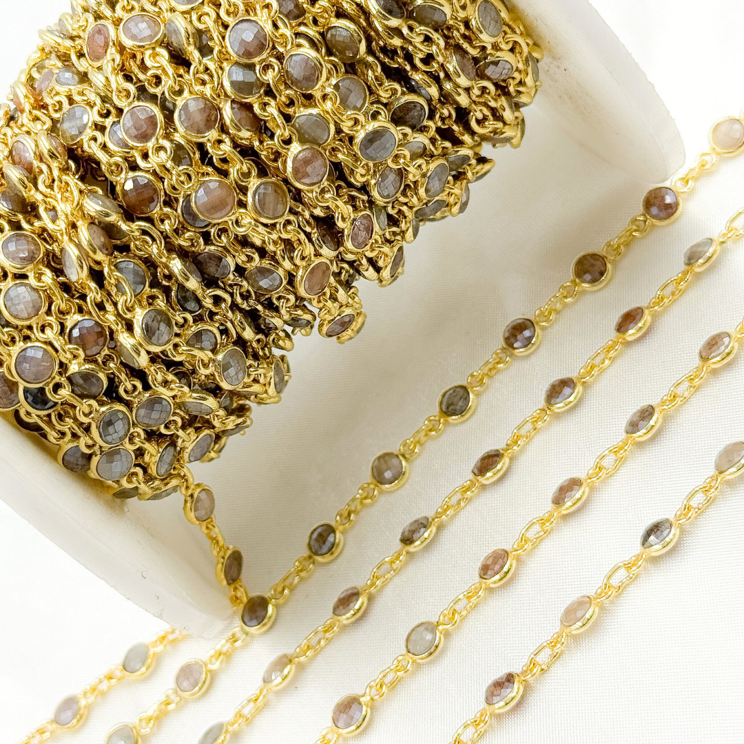 Coated Moonstone Round Shape Bezel Gold Plated Wire Chain. CMS20