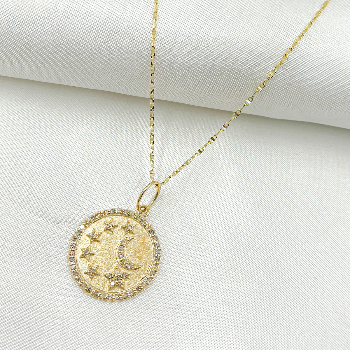 14k Solid Gold Diamond Circle Moon and Stars Charm. GDP620