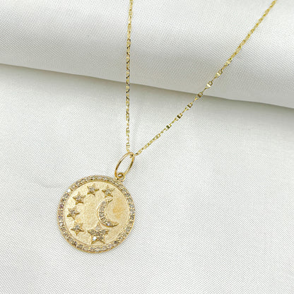 14k Solid Gold Diamond Circle Moon and Stars Charm. GDP620