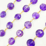 Load image into Gallery viewer, Amethyst Coin Shape Gold Plated Wire Chain. AME14
