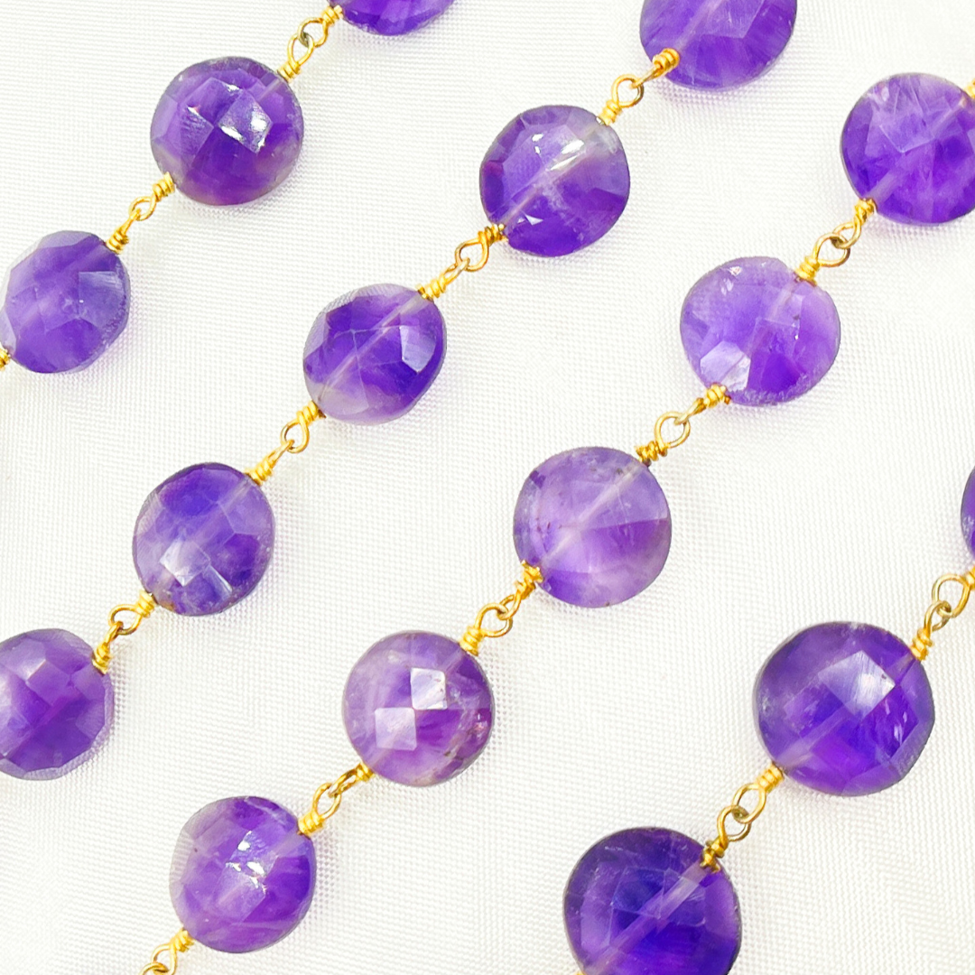 Amethyst Coin Shape Gold Plated Wire Chain. AME14