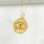 Load image into Gallery viewer, 14K Solid Gold Circle Evil Eye Pendant with Diamonds, Ruby and Blue Sapphire. GDP326
