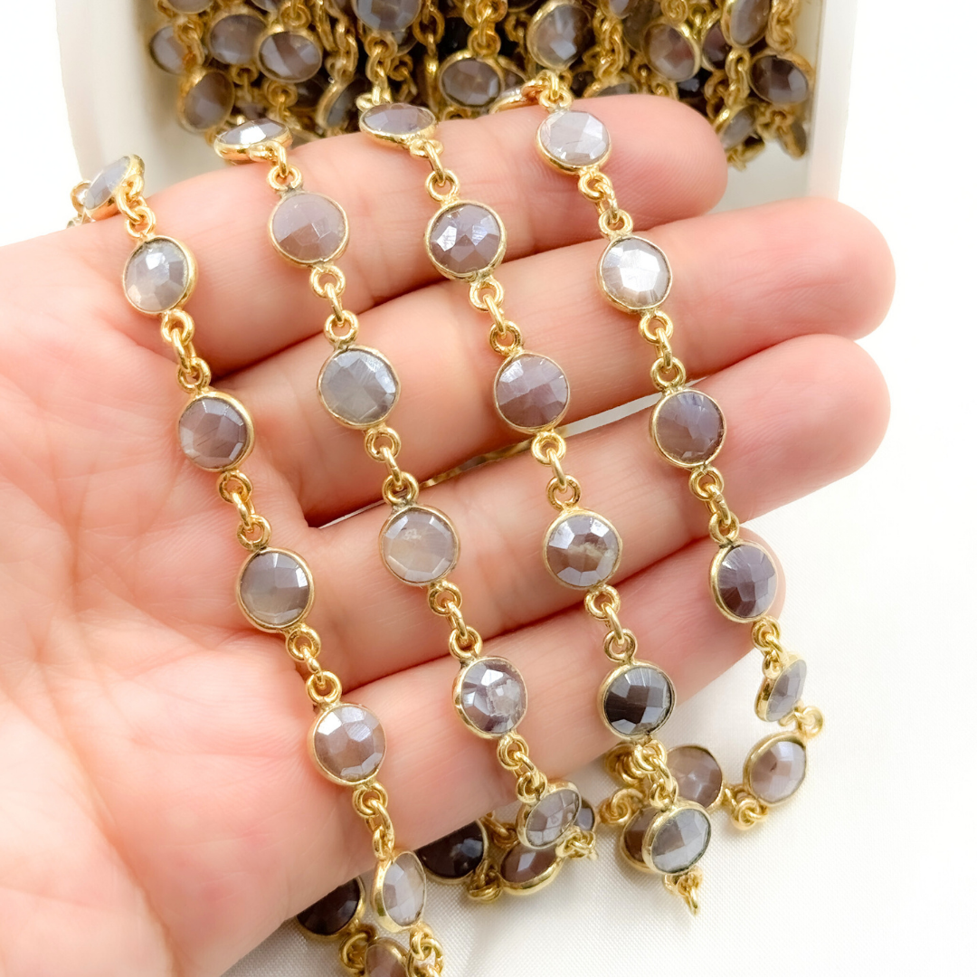 Coated Chocolate Moonstone Round Shape Bezel Gold Plated Wire Chain. CMS10