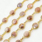 Load image into Gallery viewer, Coated Peach Moonstone Round Shape Bezel Gold Plated Wire Chain. CMS4
