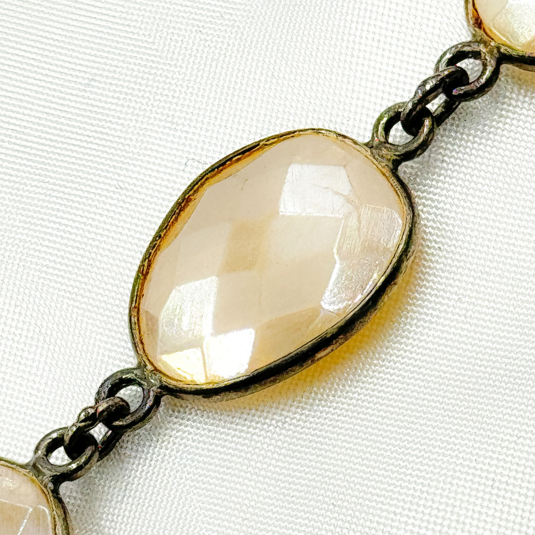 Coated White Moonstone Shape Bezel Oxidized Wire Chain. CMS97