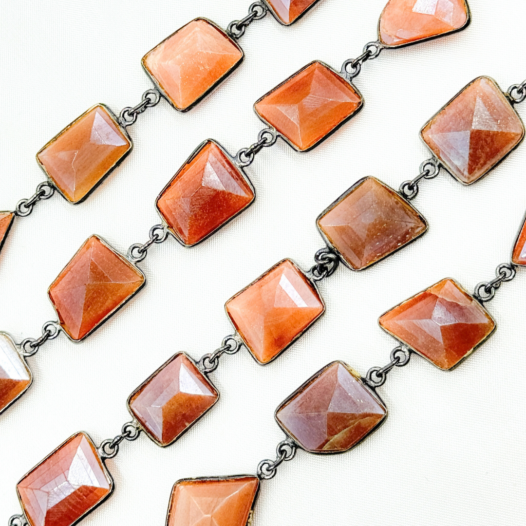 Coated Peach Moonstone Mix Shape Bezel Oxidized Wire Chain. CMS12