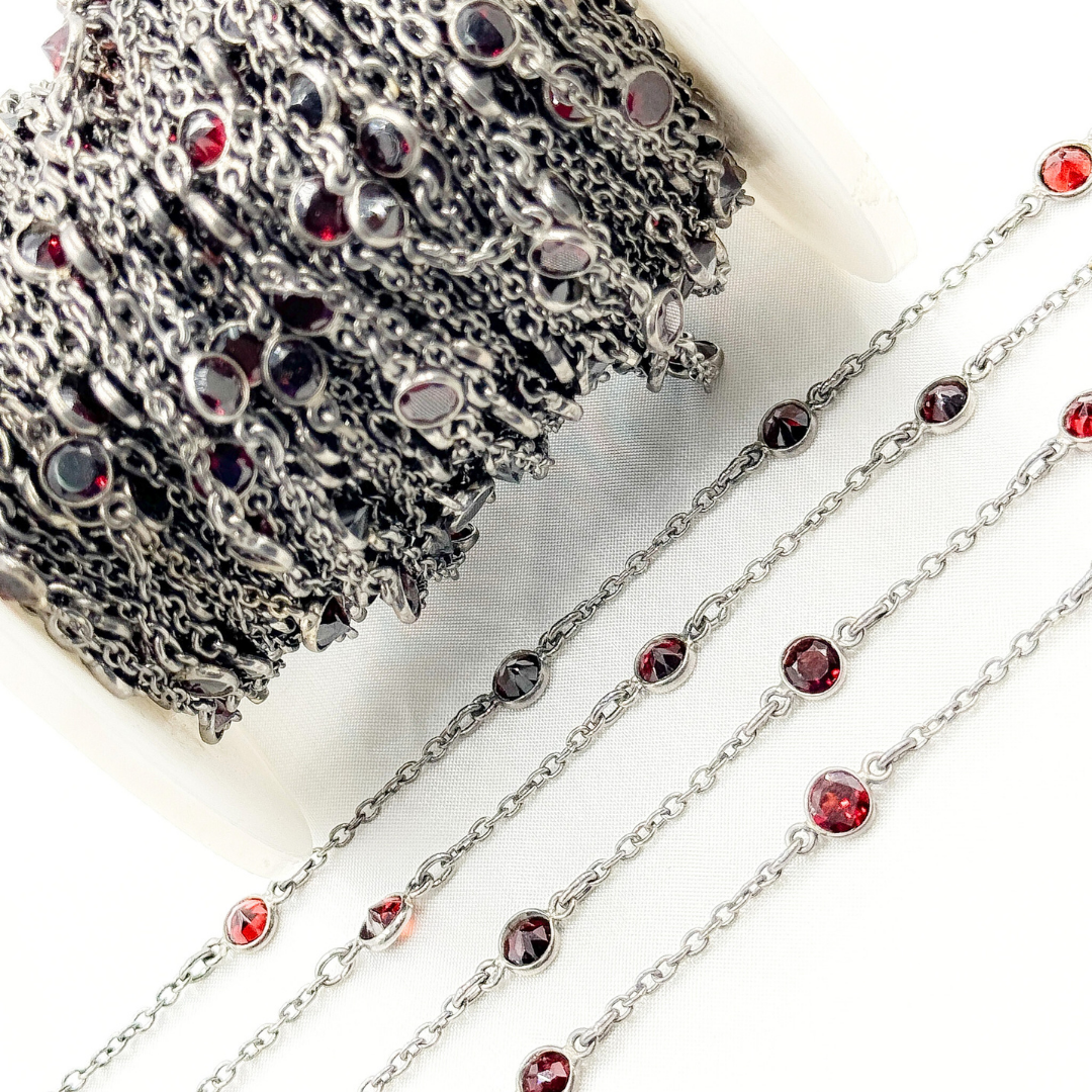 Garnet Round Shape Bezel Oxidized Wire Chain. GAR4