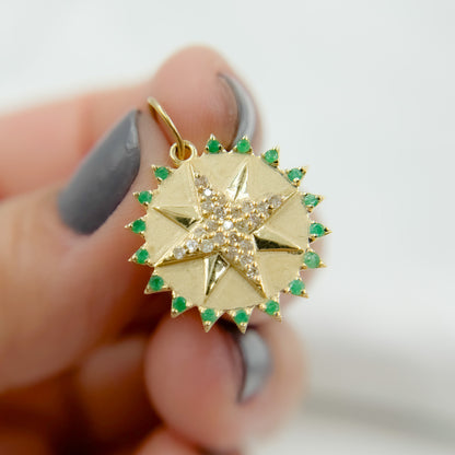 GDP618. 14k Solid Gold Diamond & Emerald Circle Charm