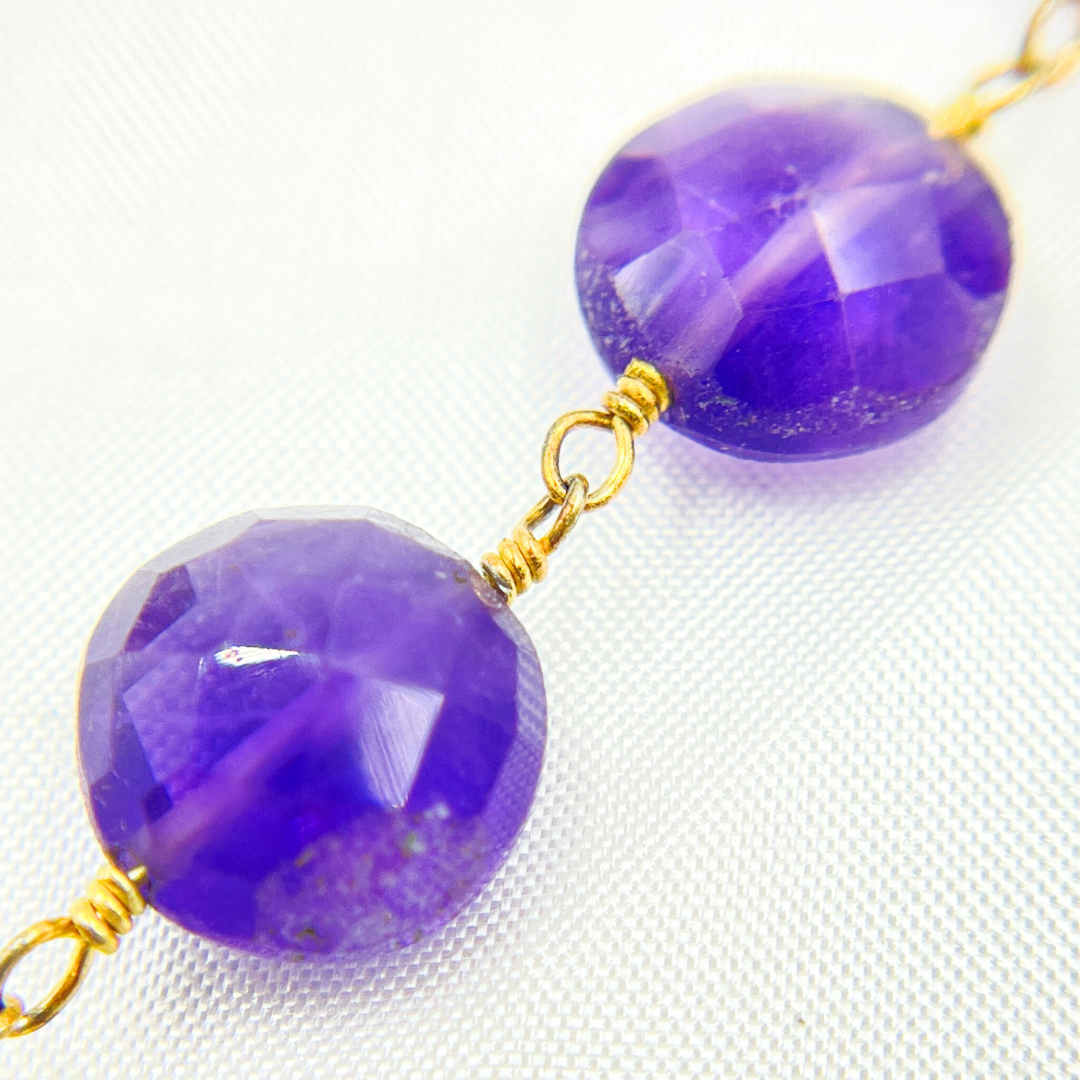 Amethyst Coin Shape Gold Plated Wire Chain. AME14