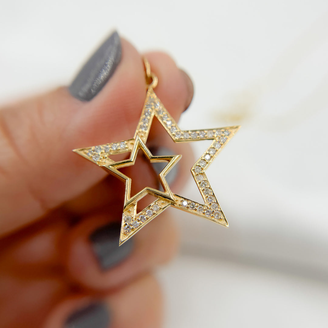 14K Solid Gold Diamonds Double Star Charm. GDP79
