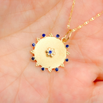 Load image into Gallery viewer, 14K Solid Gold Circle Charm with Flower in the Center in Diamond and Gemstones. GDP525
