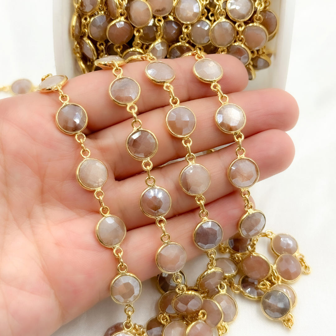 Coated Peach Moonstone Round Shape Bezel Gold Plated Wire Chain. CMS4