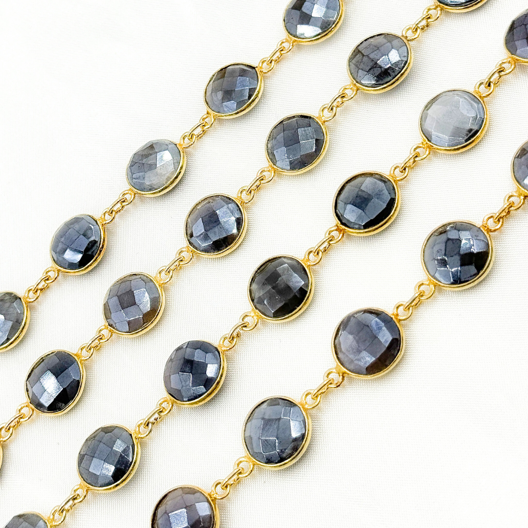 Coated Grey Moonstone Round Shape Bezel Gold Plated Wire Chain. CMS22