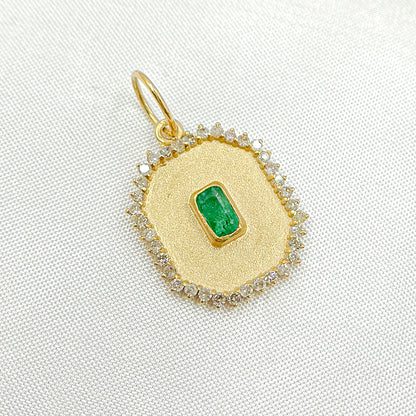 GDP612. 14k Solid Gold Rectangle Shape Emerald and Diamond Charm