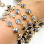 Load image into Gallery viewer, Coated Chocolate Moonstone Round Shape Bezel Gold Plated Wire Chain. CMS25
