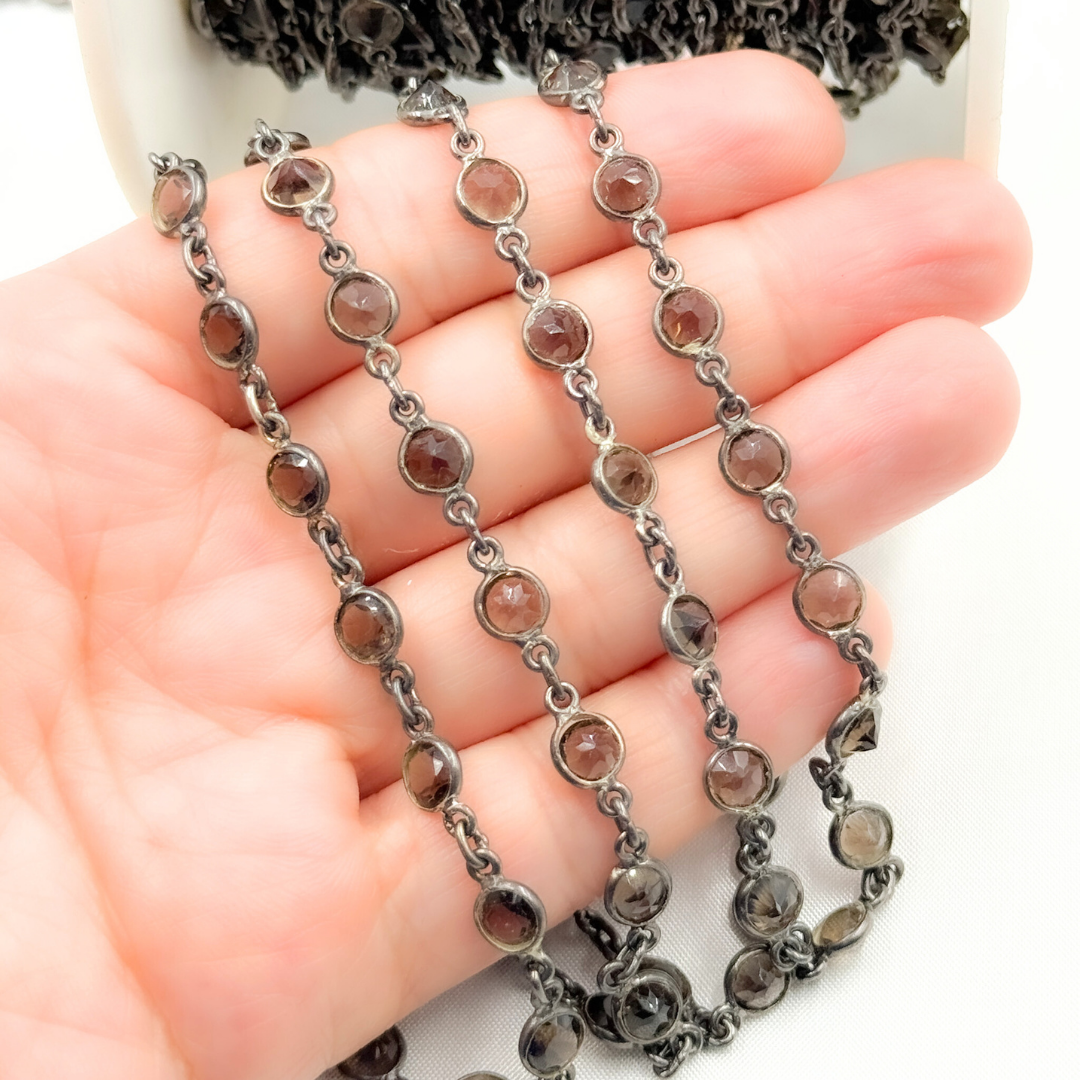 Smoky Quartz Round Shape Bezel Oxidized Wire Chain. SMQ2