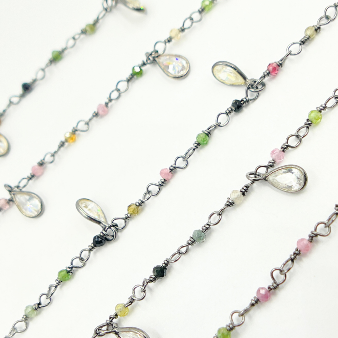 Multi Tourmaline & CZ Dangle Oxidized Wire Chain. MTO2