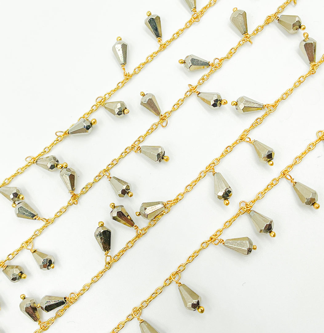 Steel Pyrite Drop Dangle Gold Plated Wire Chain. PYR23