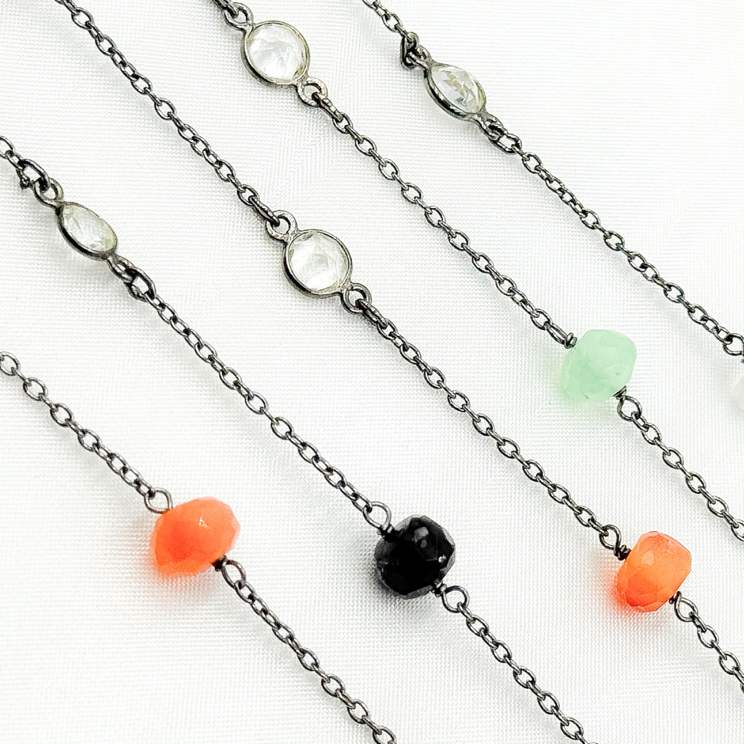 Multi Gemstone Rondel Shape & White Topaz Oxidized Connected Wire Chain. MGS3