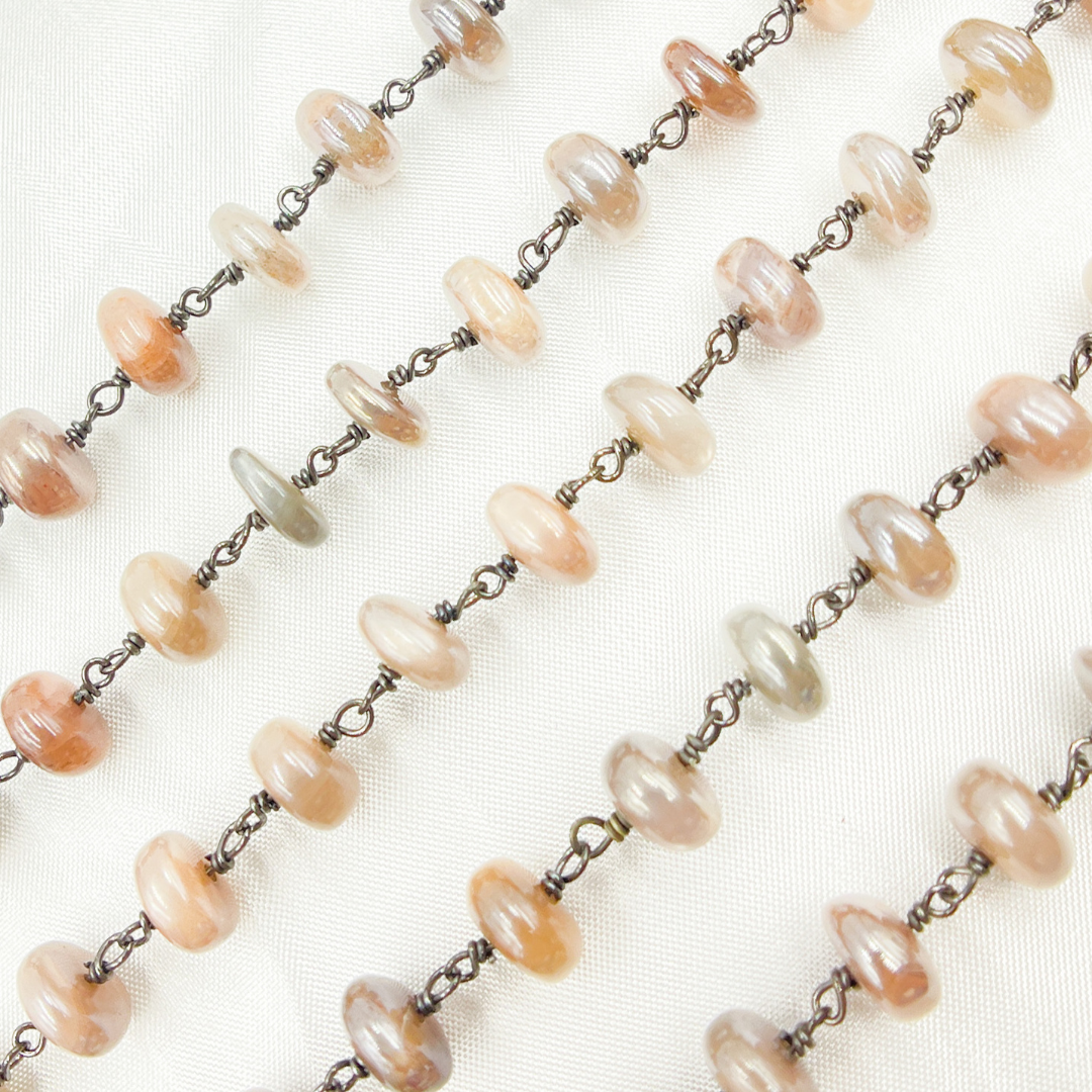 Coated Taupe Smooth Moonstone Oxidized Wire Chain. CMS7