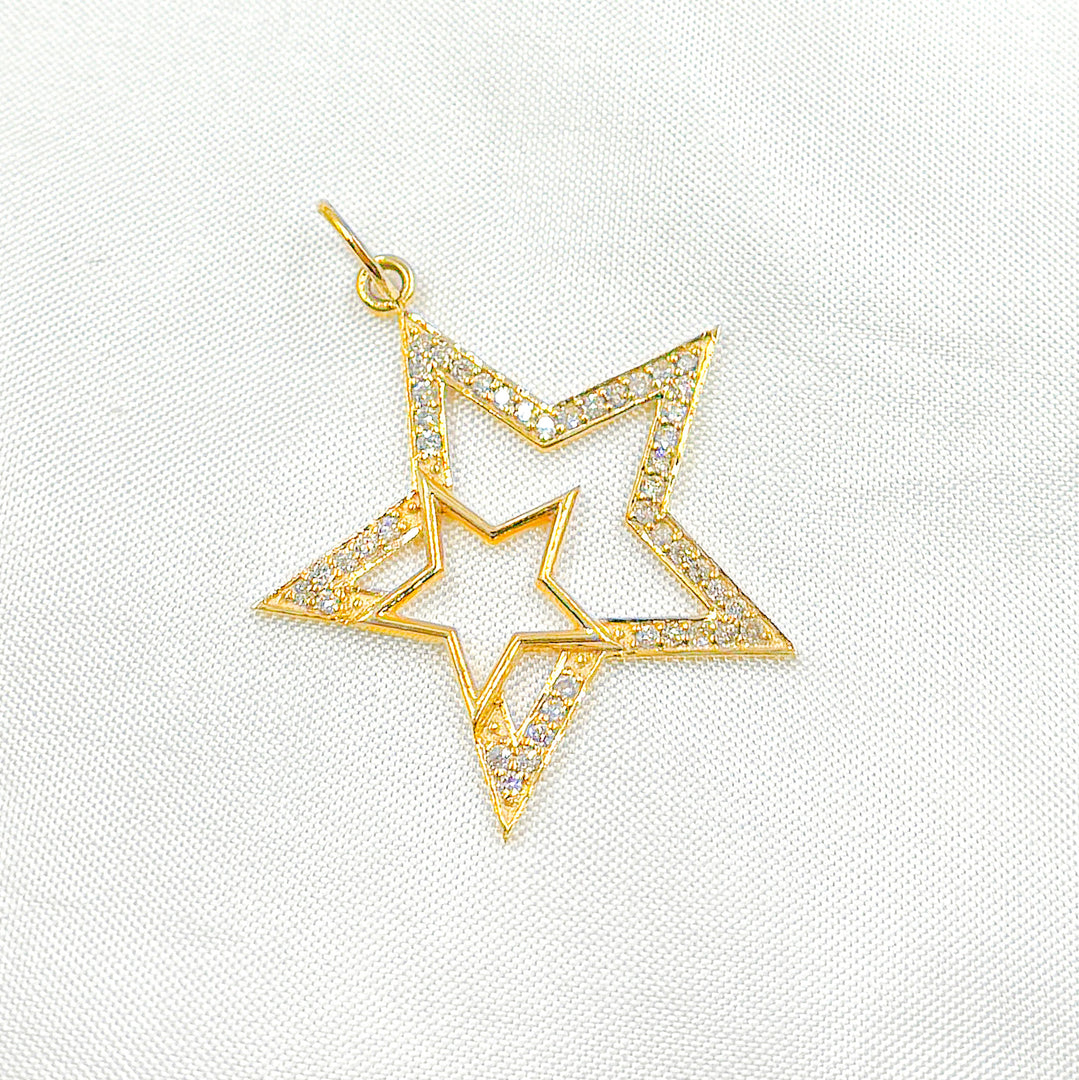 14K Solid Gold Diamonds Double Star Charm. GDP79