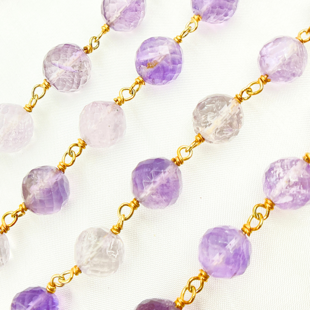 Pink Amethyst Round Shape Gold Plated Wire Chain. AME13