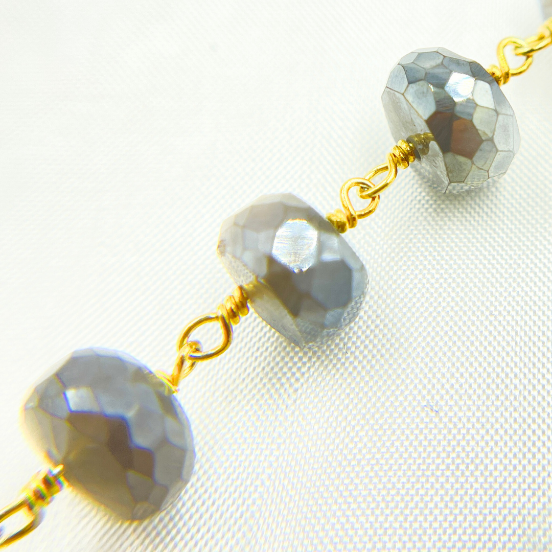 Coated Grey Moonstone Gold Plated Wire Chain. CMS81