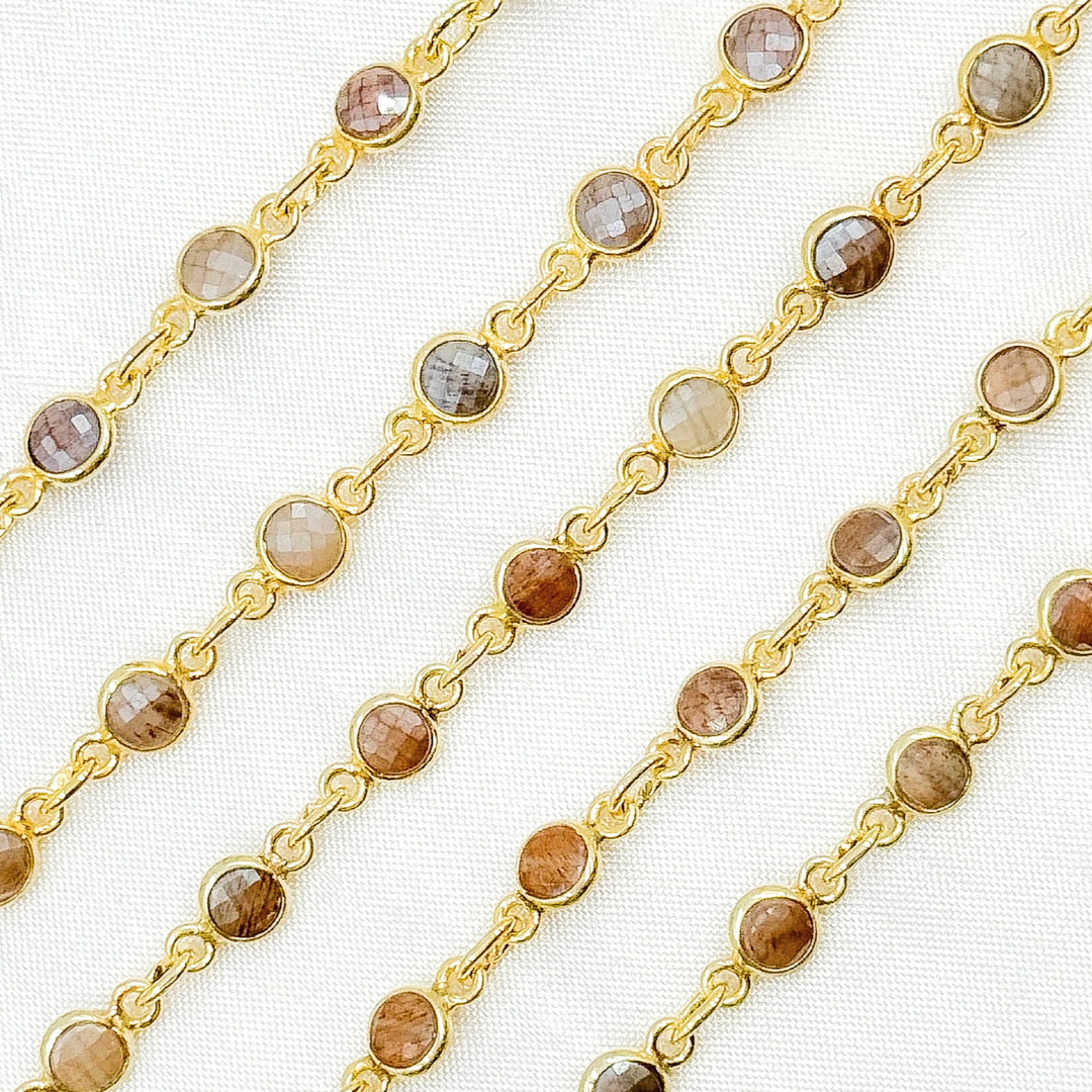 Coated Chocolate Moonstone Round Shape Bezel Gold Plated Wire Chain. CMS109