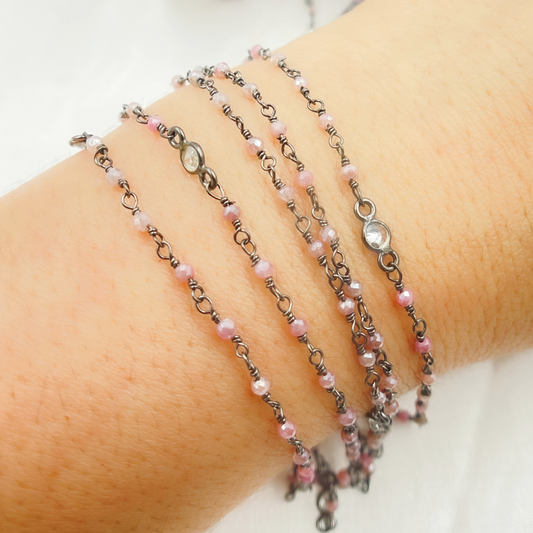 Coated Red Quartz & Round CZ Wire Wrap Chain