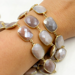 Load image into Gallery viewer, Coated Chocolate Moonstone Rectangular Shape Bezel Gold Plated Silver Wire Chain. CMS29
