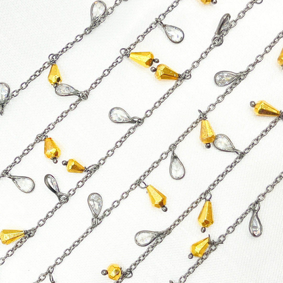 Golden Pyrite Drop & CZ Pear Shape Dangle Oxidized Wire Chain. PYR31