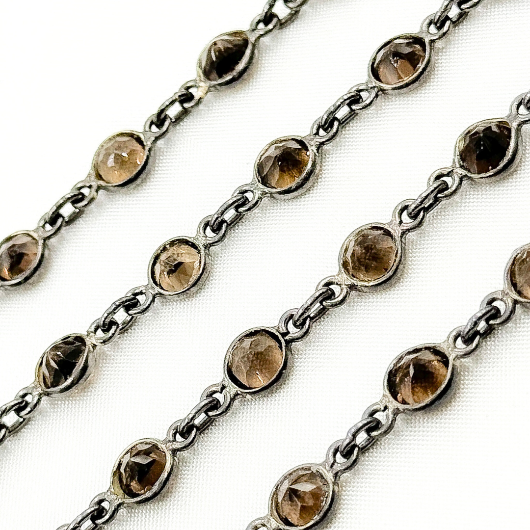 Smoky Quartz Round Shape Bezel Oxidized Wire Chain. SMQ2