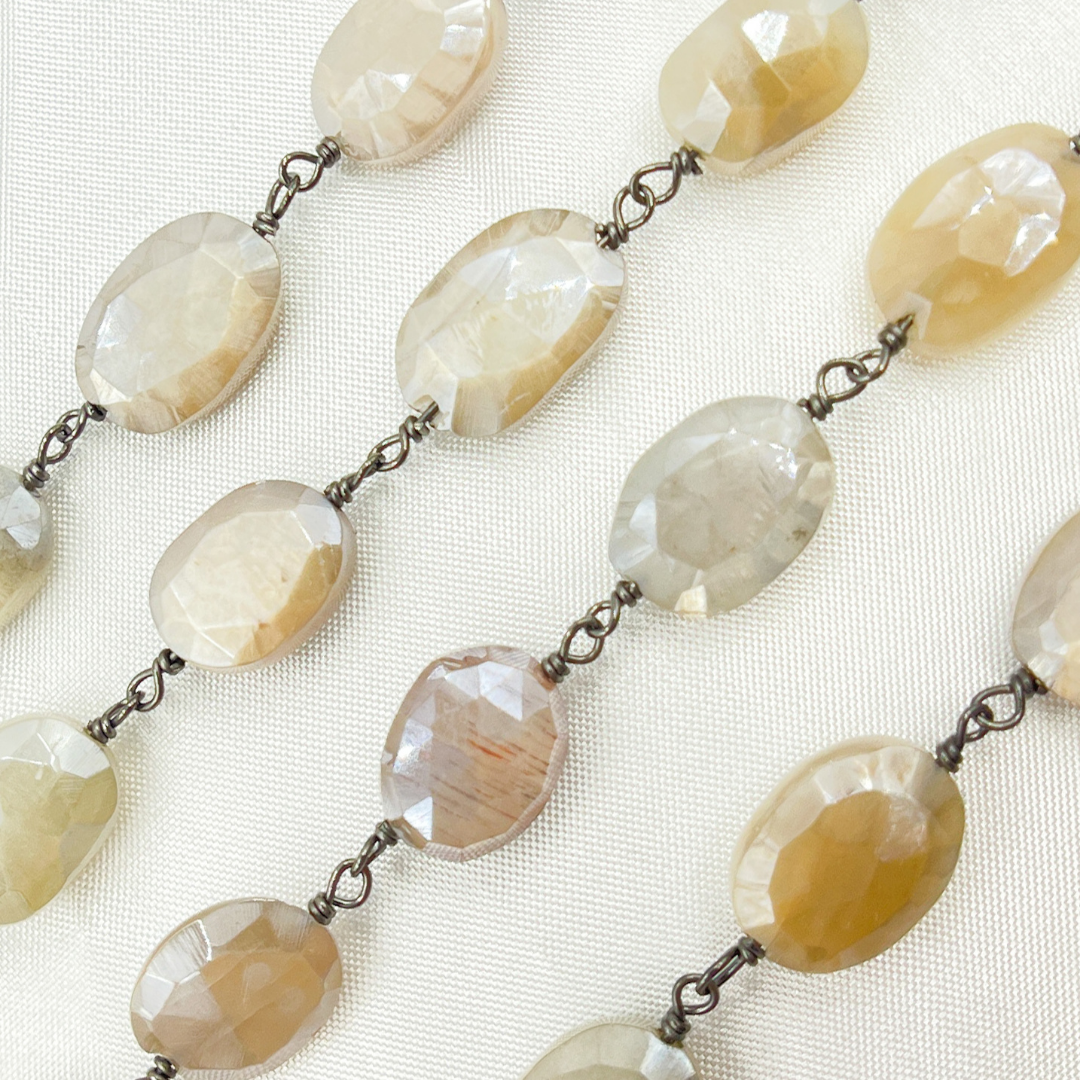 Coated Oval Moonstone Oxidized Wire Chain. CMS76