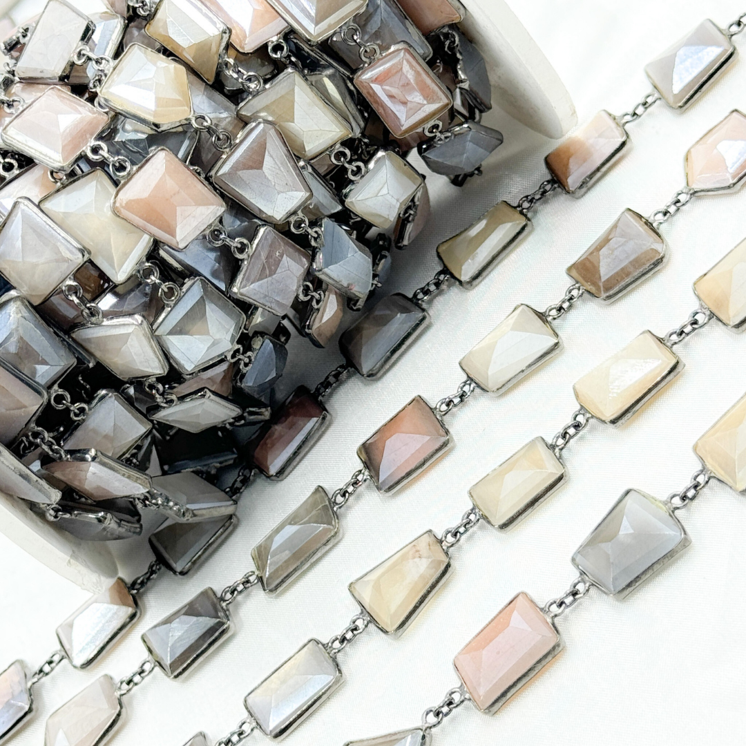 Coated Multi Moonstone Organic Shape Bezel Oxidized Wire Chain. CMS16