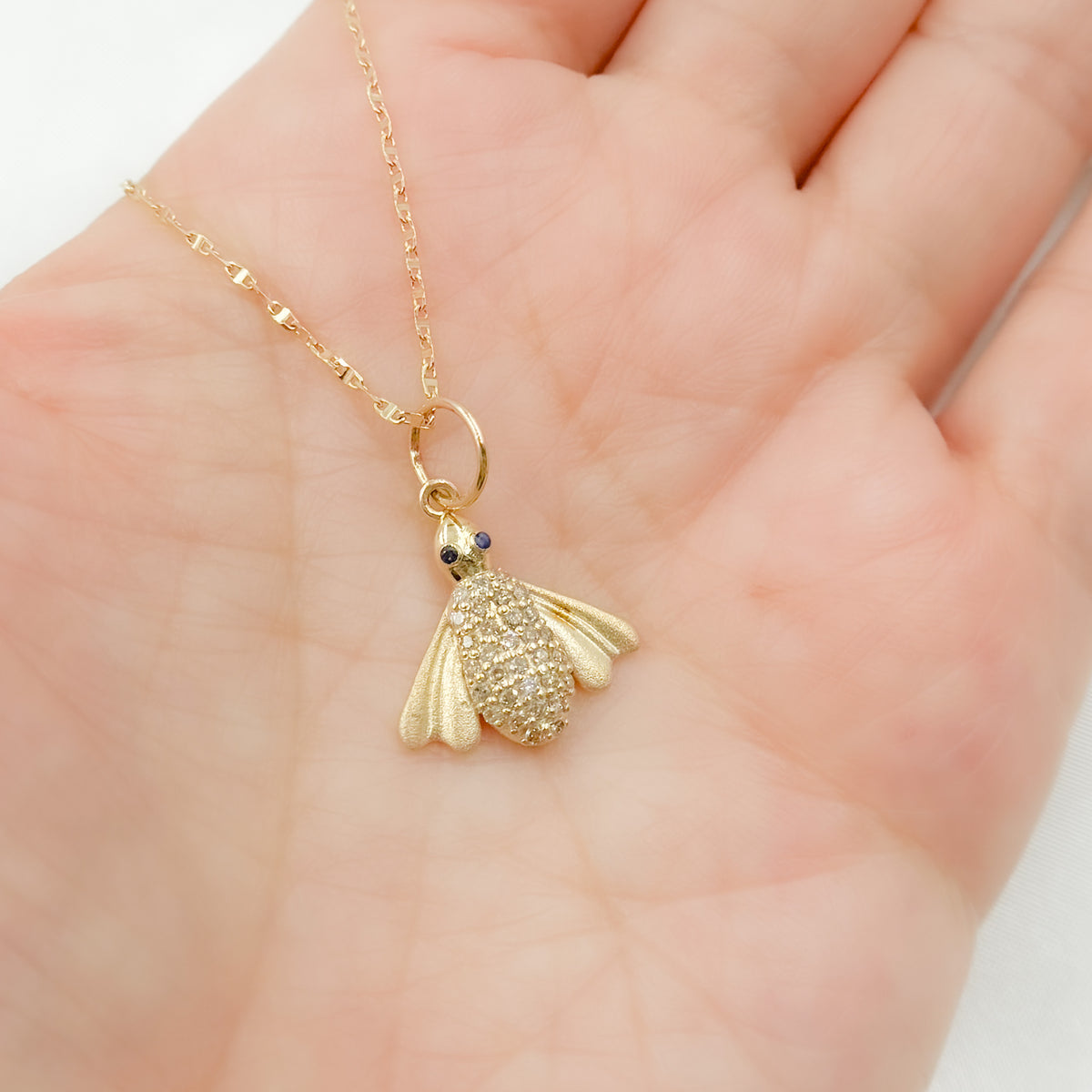 14k Solid Gold Diamonds & Blue Sapphire Insect Charm. GDP491