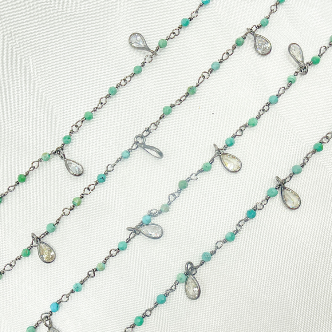 Black Rhodium 925 Sterling Silver Wire Wrap Chain with 2mm Turquoise and CZ. TRQ17