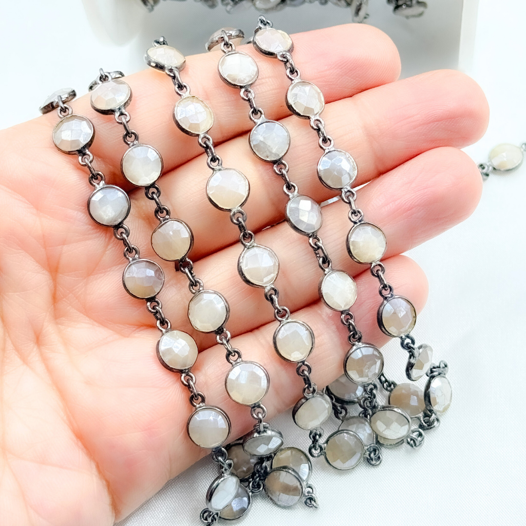 Coated White Moonstone Round Shape Bezel Oxidized Wire Chain. CMS101