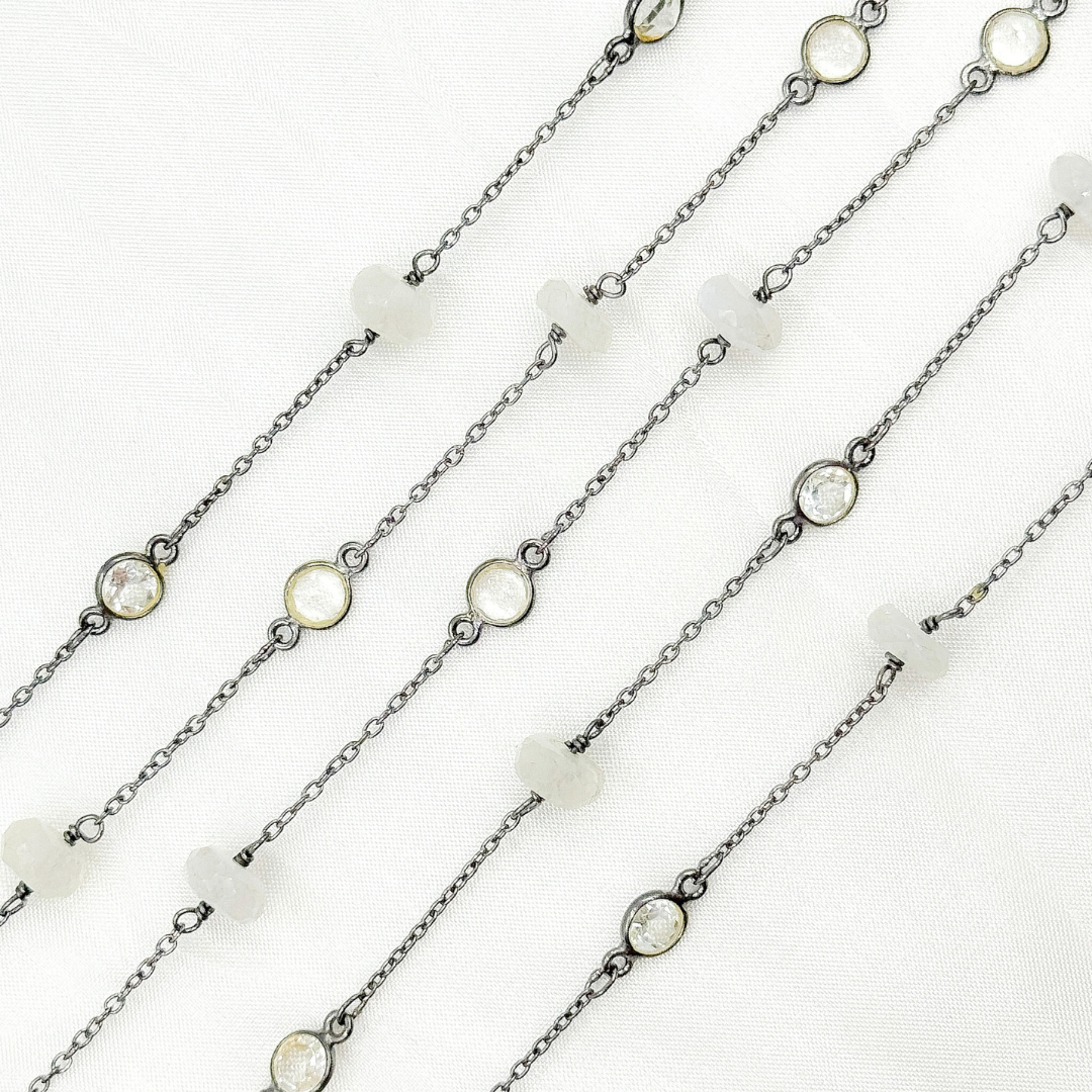 Moonstone Rondel Shape & White Topaz Oxidized Connected Wire Chain. MS32