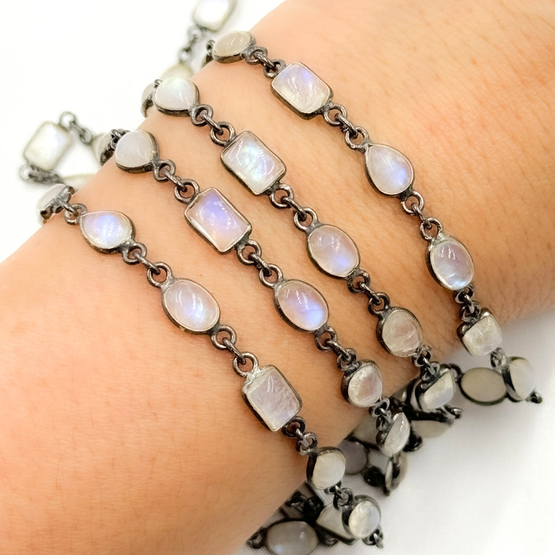 White Moonstone Mix Shape Bezel Oxidized Wire Chain. WMS39