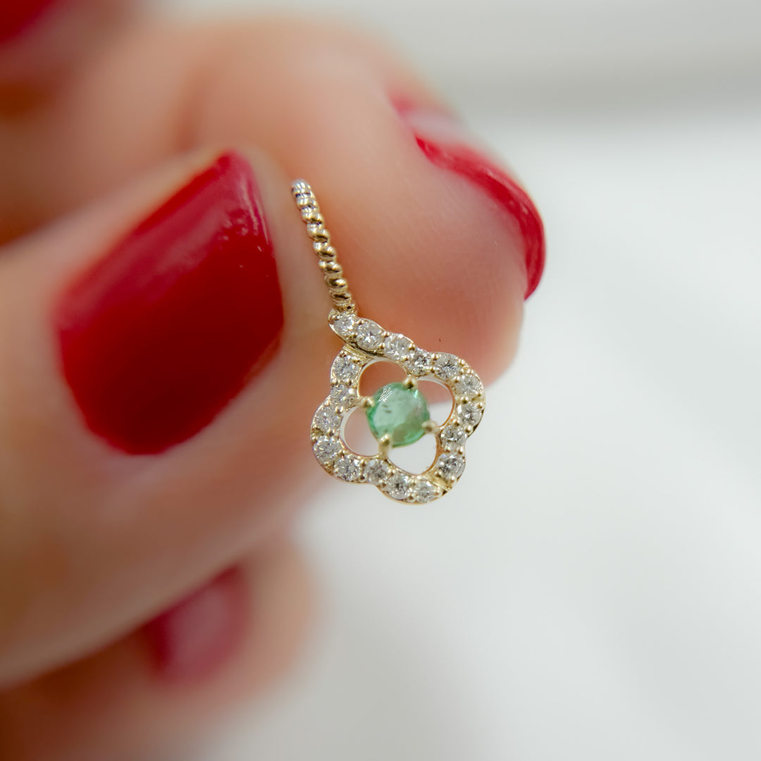 14k Solid Gold Diamond and Emerald Flower Charm. PN417531Y14EM1